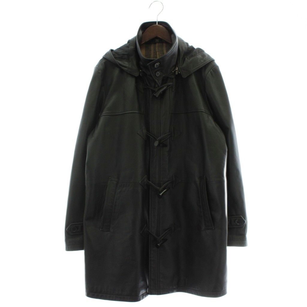 ウィンドアーマー WIND ARMOR ダッフルコート アウター 羊革 ラムレザー ミドル フード 裏地チェック柄 トグルボタン ジップアップ L 黒 ブラック XZ GY 12