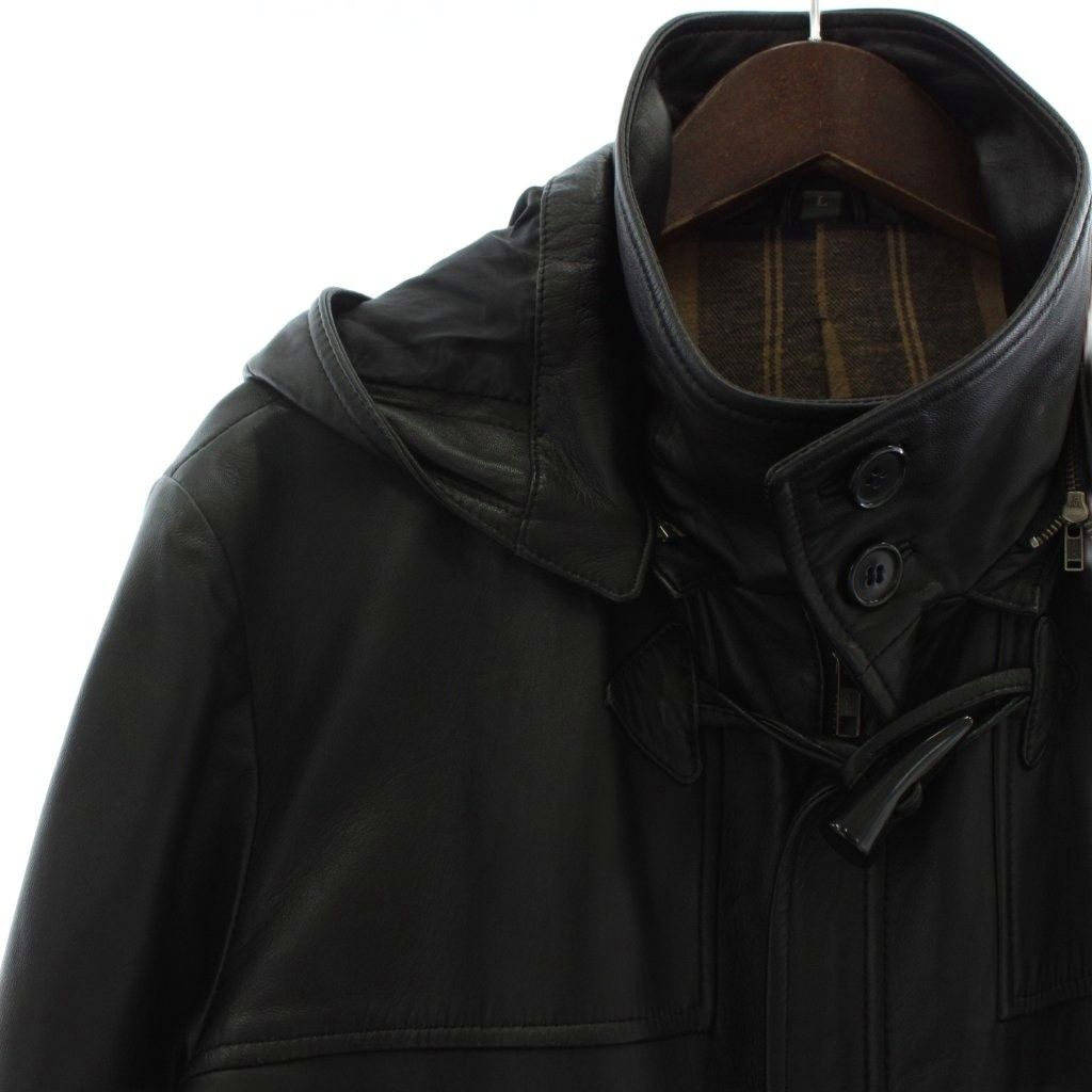  ウィンドアーマー WIND ARMOR ダッフルコート アウター 羊革 ラムレザー ミドル フード 裏地チェック柄 トグルボタン ジップアップ L 黒 ブラック XZ GY 12 その他 トップス