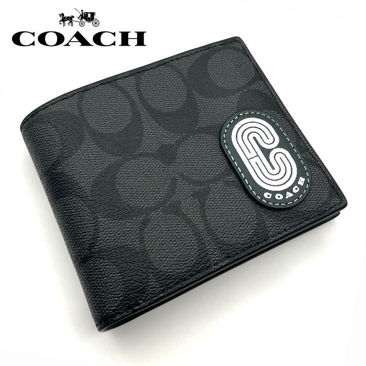 【美品】COACH コーチ 二つ折り財布 シグネチャー　ブラック COACH (コーチ) 二つ折り財布 シグネチャー ブラック - メルカリ