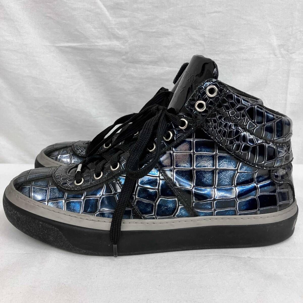 JIMMY CHOO エナメル クロコ型押 ネイビー スニ-カ-