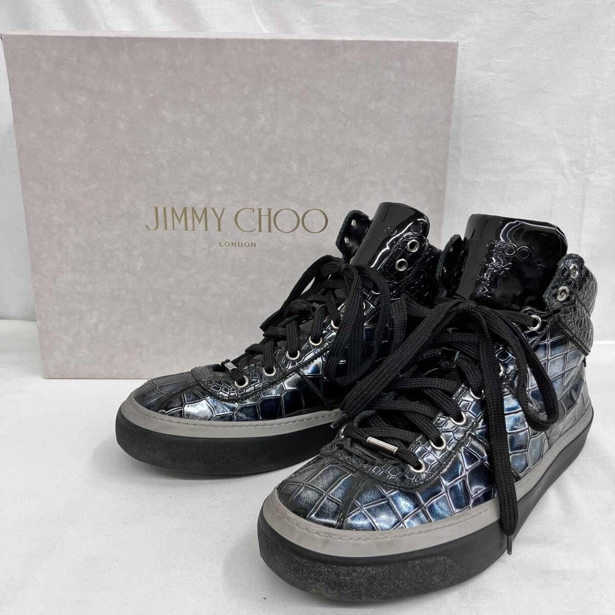 JIMMY CHOO エナメル クロコ型押 ネイビー スニ-カ-