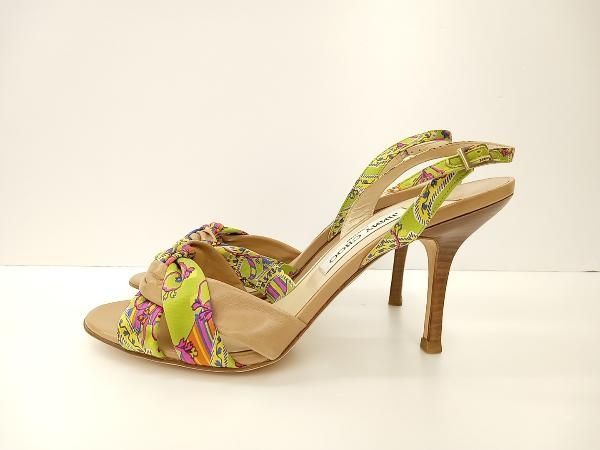 JIMMY CHOO ジミーチュウ サンダル 総柄 シルク＆レザーサンダル ヒール9.5 cm MADE IN ITALY サイズ 39.5 ベージュ マルチ 通年