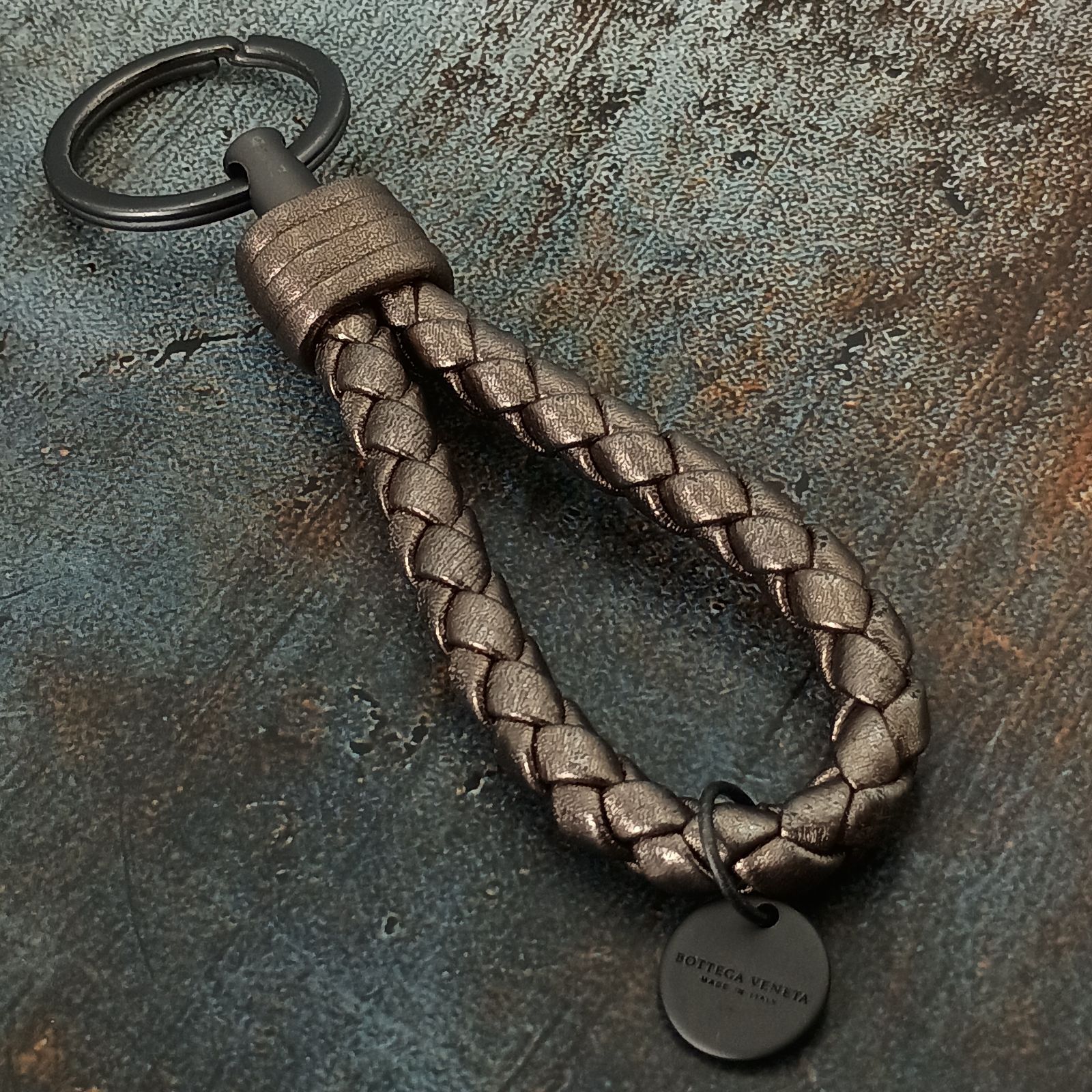 Bottega Veneta ボッテガヴェネタ イントレチャート キーホルダー キーリング 編み込みレザー グレー シルバー ヴィンテージ