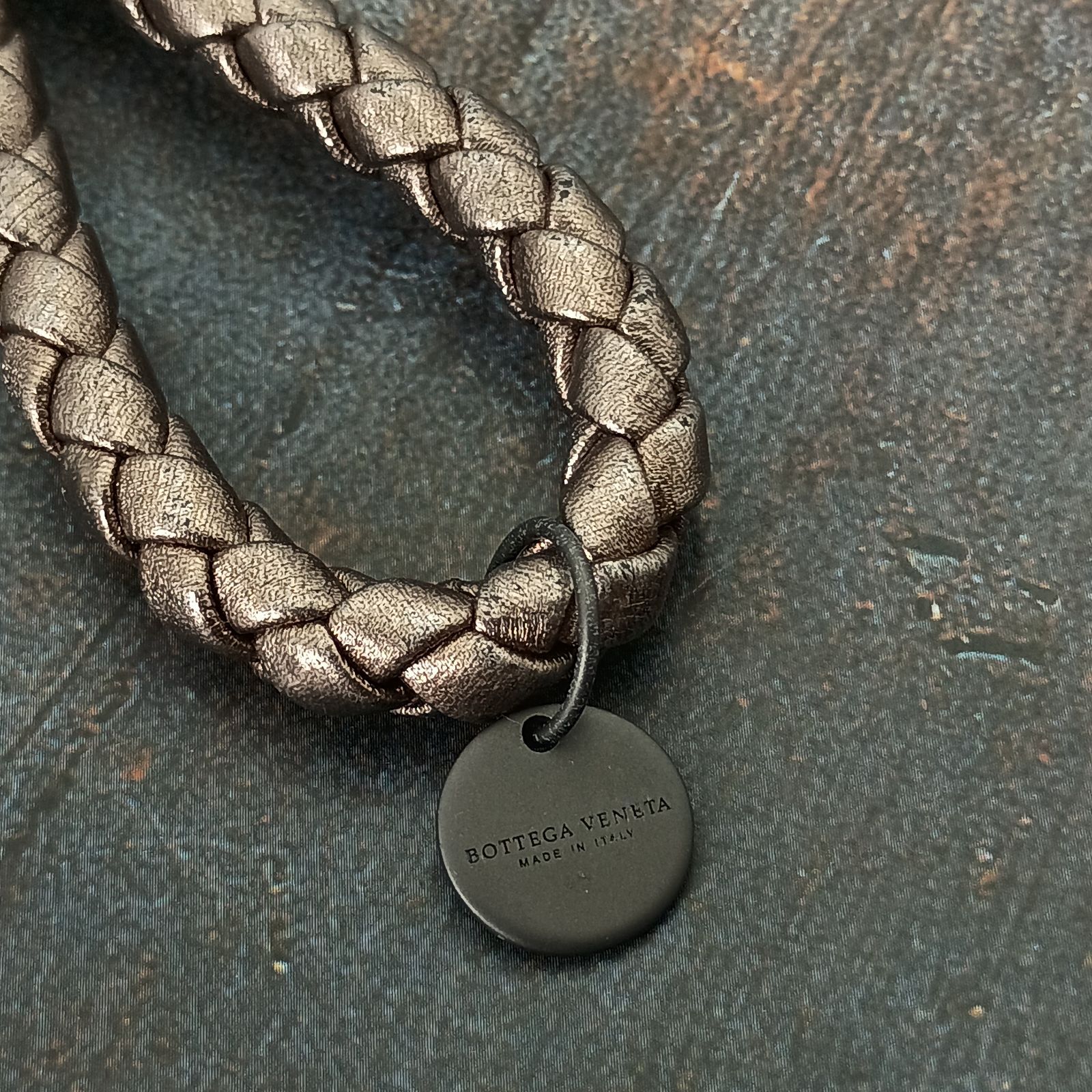 Bottega Veneta ボッテガヴェネタ イントレチャート キーホルダー キーリング 編み込みレザー グレー シルバー ヴィンテージ