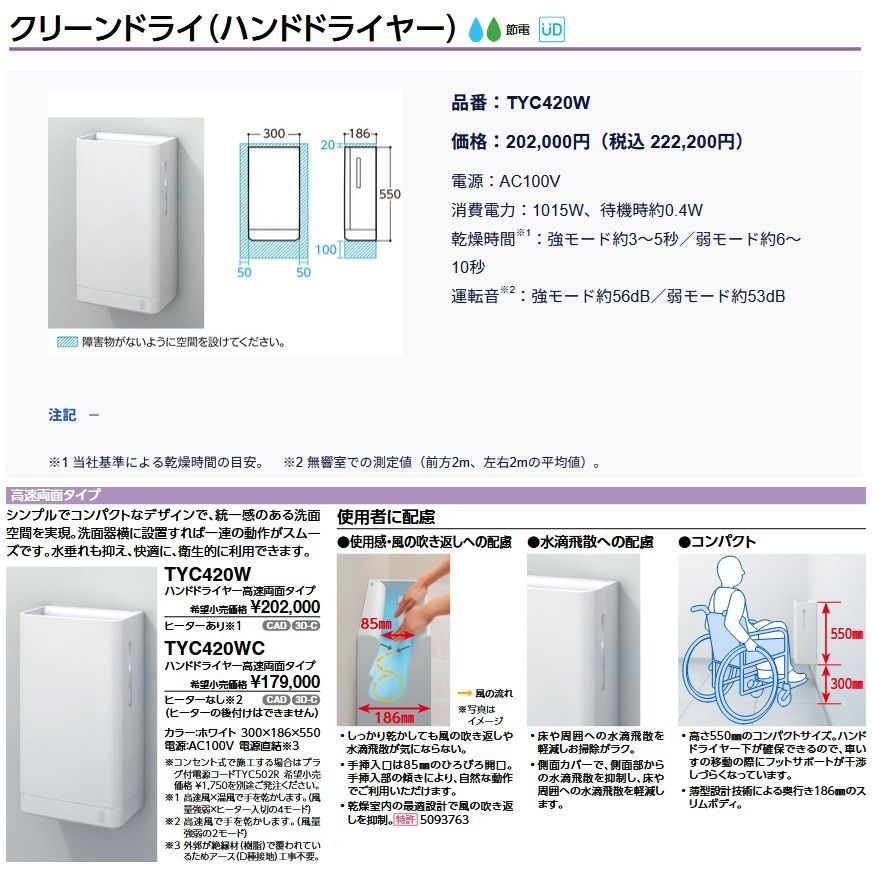 TOTO ハンドドライヤー TYC 420 W クリーンドライ 高速両面タイプ