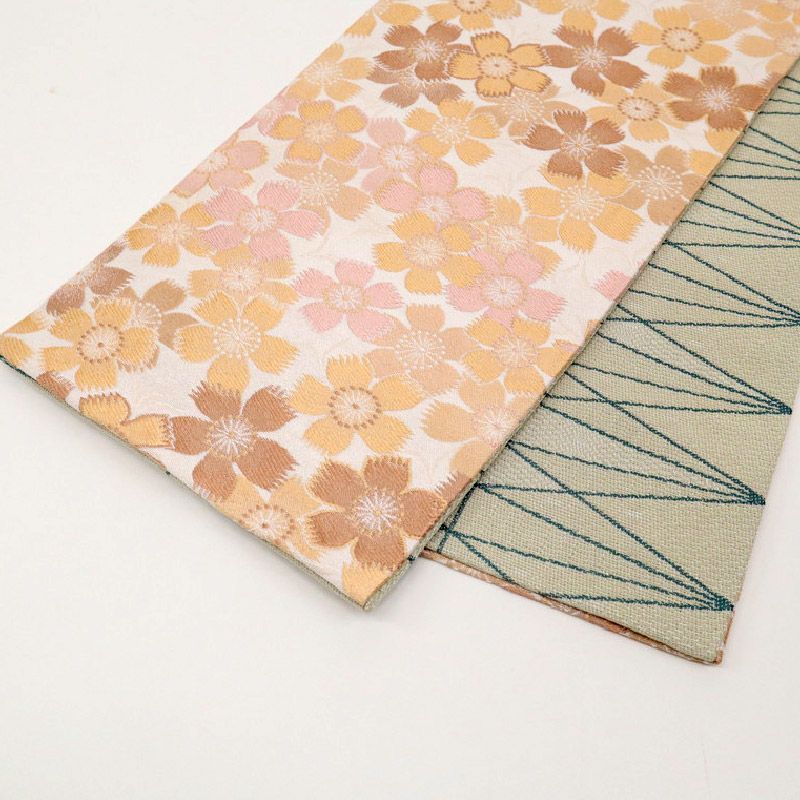  創世舎 半幅帯 リバーシブル 桜の花 幾何学柄 カジュアル 小袋帯 半巾帯 きもの 和装 BM 8 21 半巾 半幅 小袋帯 帯