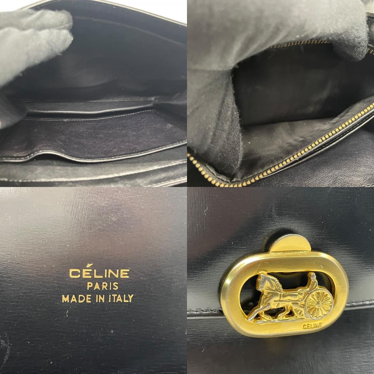 美品 CELINE セリーヌ ショルダーバッグ 黒 ブラック レザー 馬車金具