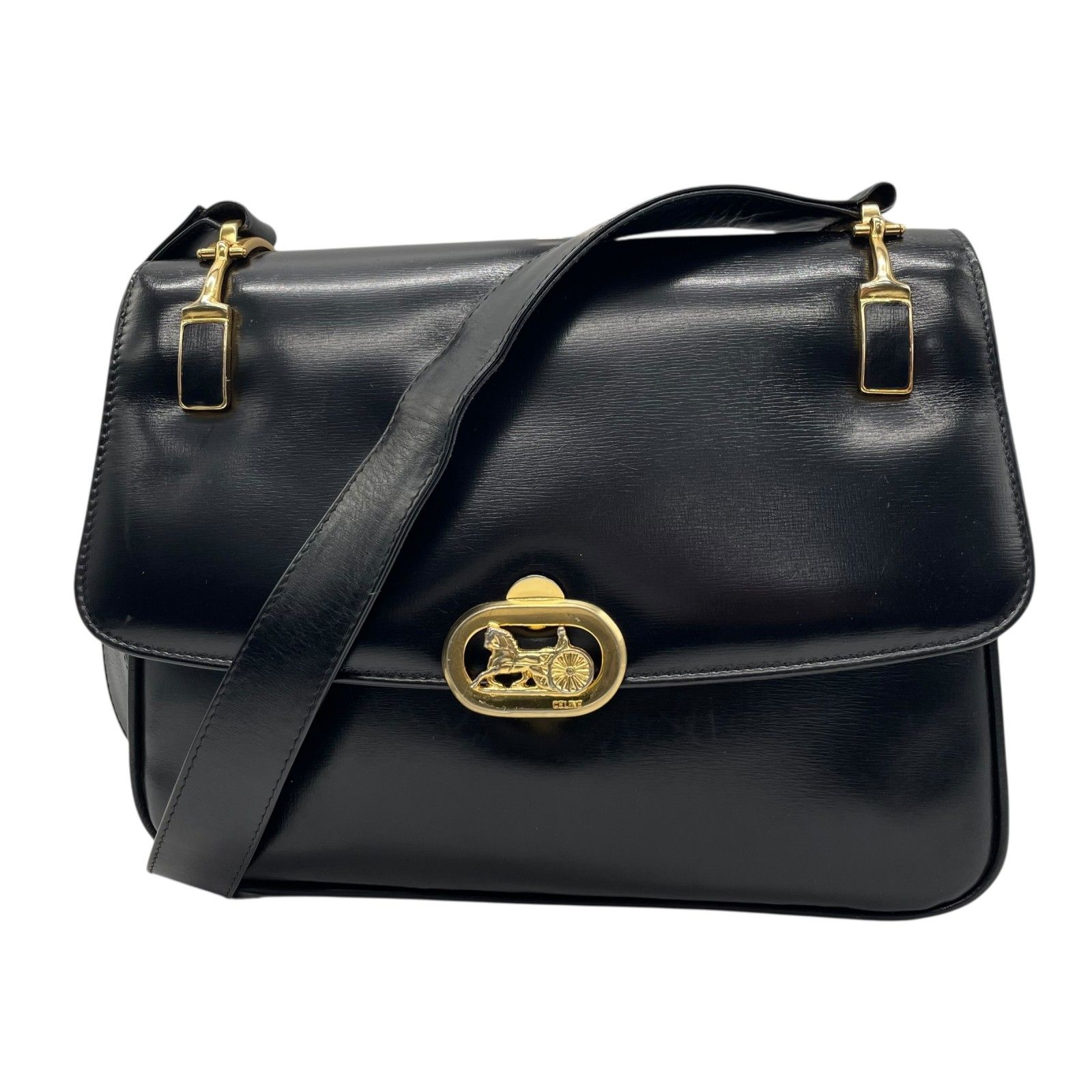 美品 CELINE セリーヌ ショルダーバッグ 黒 ブラック レザー 馬車金具