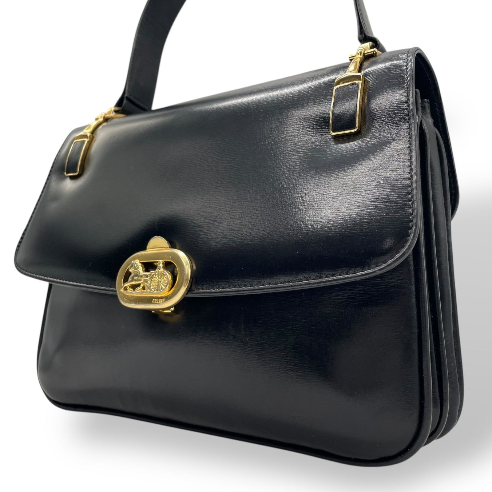 美品 CELINE セリーヌ ショルダーバッグ 黒 ブラック レザー 馬車金具
