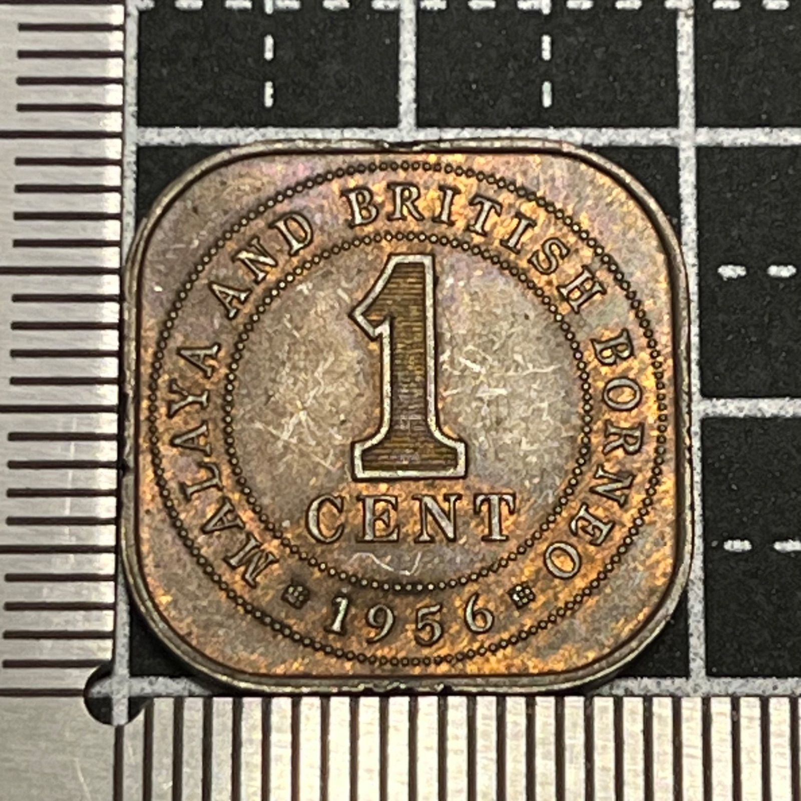 1956年 マラヤ＆英領ボルネオ 1セン】角丸スクエア銅貨／エリザベス2世