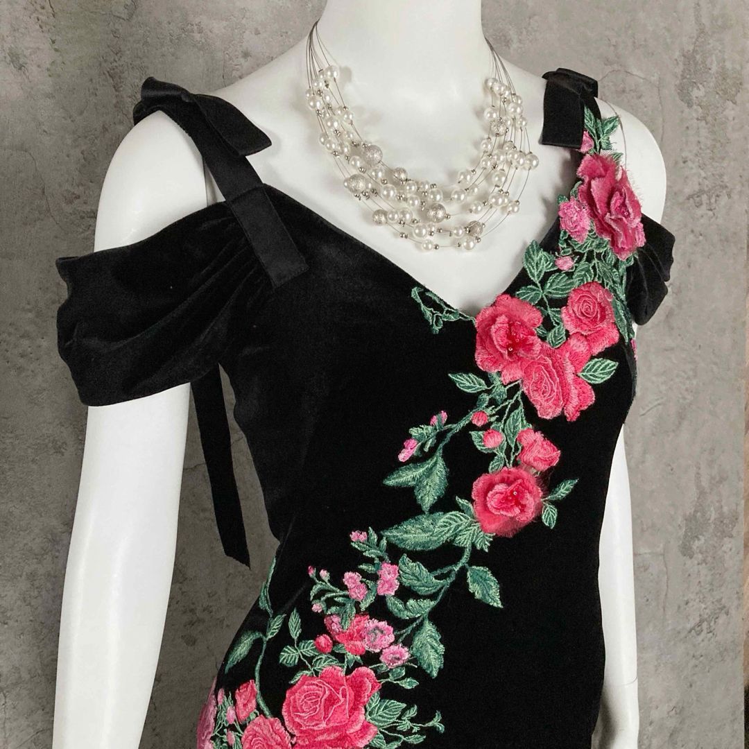 タダシショージ 超ロング ベルベットドレス 薔薇刺繍 ベロア りぼん リボン マキシ丈 ブラック XXSサイズ TADASHI SHOJI パーティードレス ドレス ブライダル スーツ フォーマル ドレス