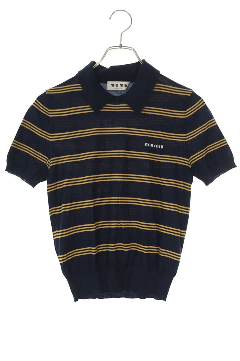 ミュウミュウ MMLA 18 S 000 ロゴボーダー半袖ポロシャツ レディース 38