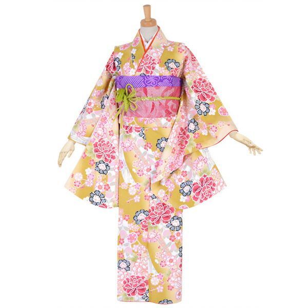 驚きの破格値，格安 ジュニア用 振袖単品 「芥子色　桜と牡丹」 仕立て上がり 着物 小振袖 二尺袖 子ども 子供 キッズ ジュニア 女の子 卒業式 小学校 小学生 中学校 中学生 十三参り 十三詣り 1/2成人式 ハーフ 着物・着物ドレス