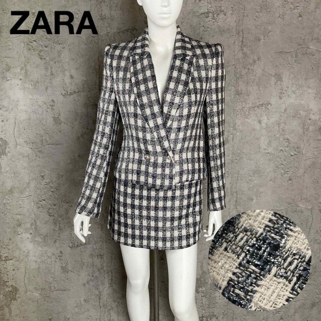 ザラ ZARA ツイード セットアップスーツ テーラードジャケット ダブルブレスト ショートパンツ チェック 箔プリント S.M相当