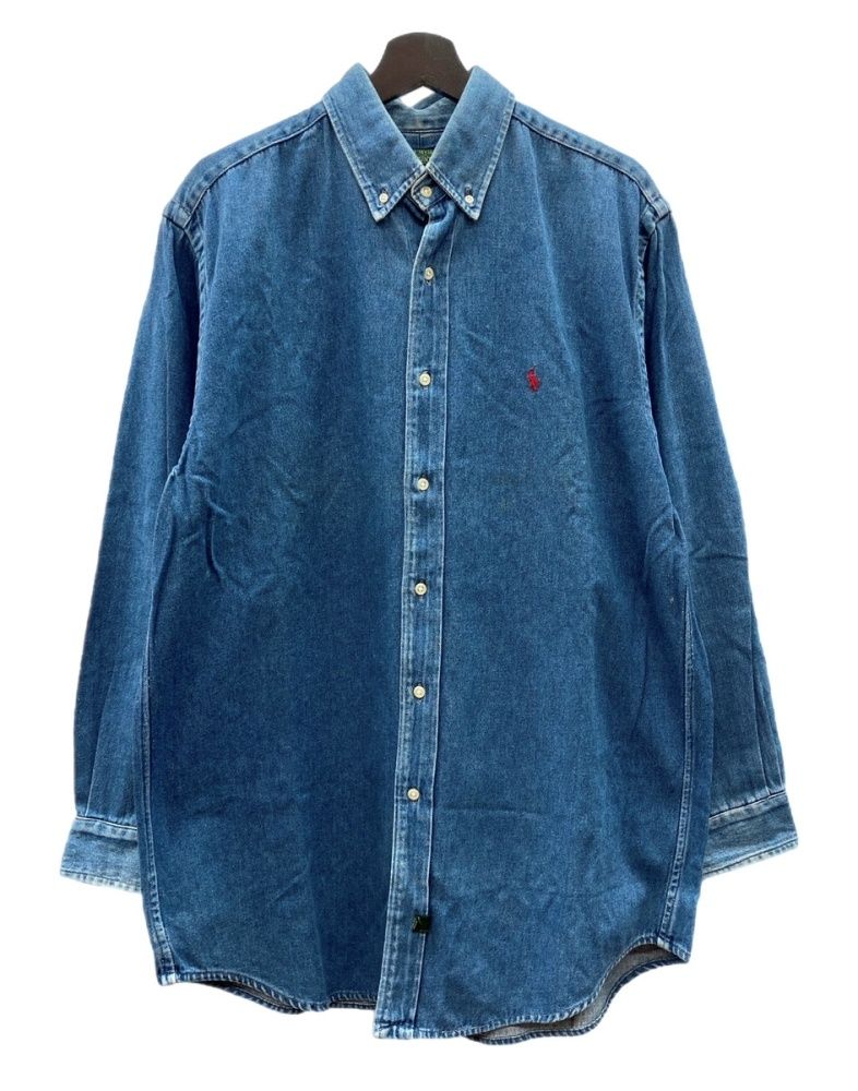 ラルフローレン RalphLauren POLO COUNTRY 90 s DENIM SHIRT ボタンダウン デニム シャツ ワーク 長袖 インディゴ 青 長袖シャツ ロゴ ブルー Lサイズ 104 MT 2266