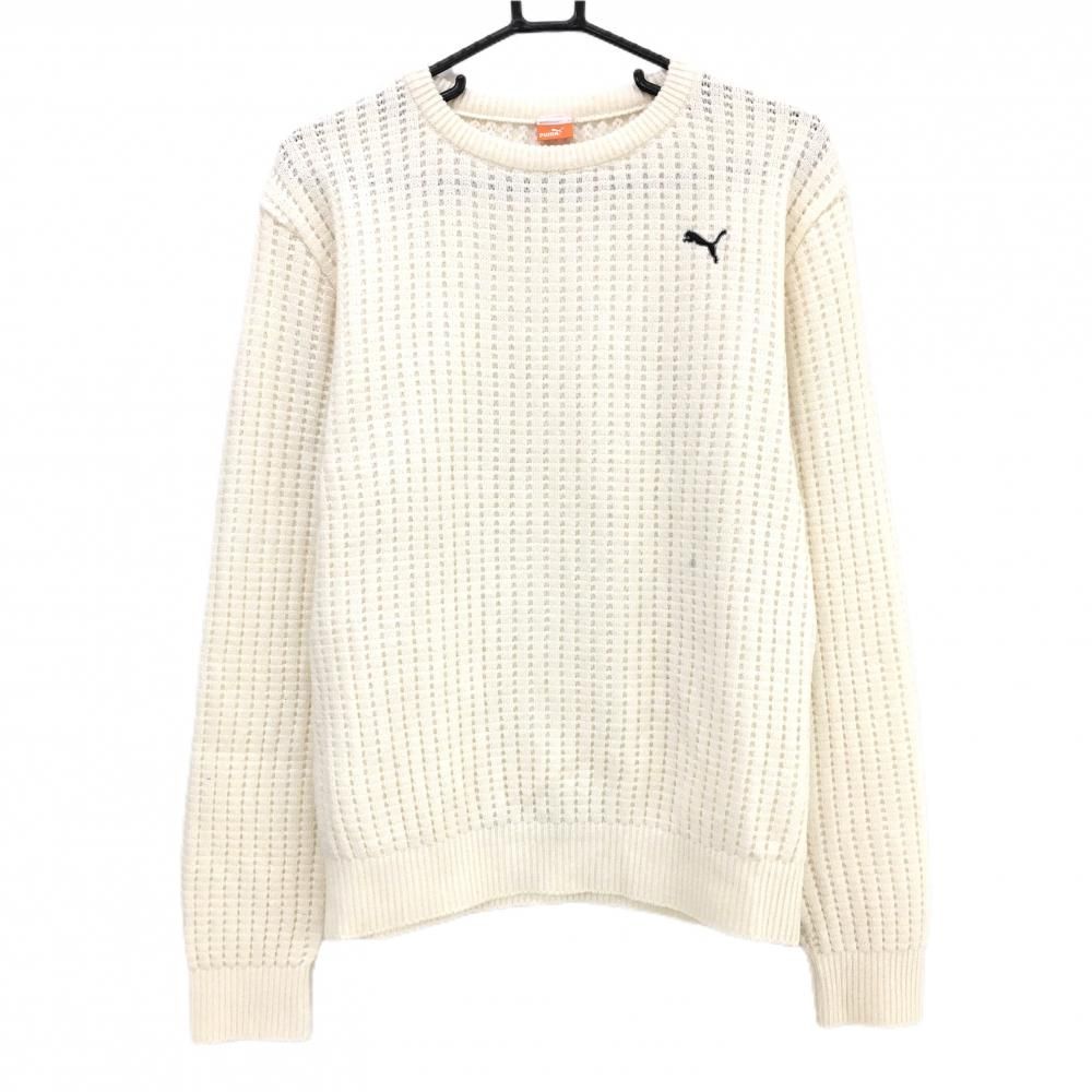 美品】プーマ セーター アイボリー×白 凹凸編み ニット ウール混 後ろ