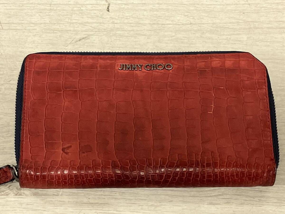 JIMMY CHOO ジミーチュウ クロコ型押し ラウンドファスナー 長財布 レッド