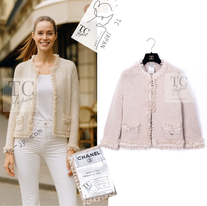シャネル カーディガン CHANEL ベージュ フリンジ カシミヤ ニット ジャケット カール ラガーフェルド 超 34 36