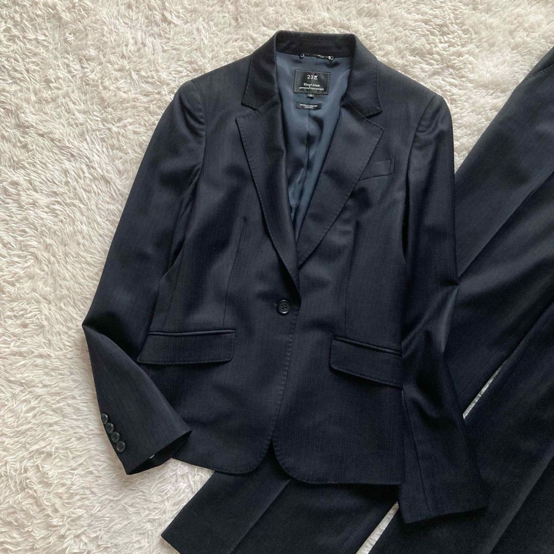 23区 パンツスーツ 上下セット ストライプ テーラードジャケット スラックスパンツ ヨーロッパ製生地 ネイビー 紺