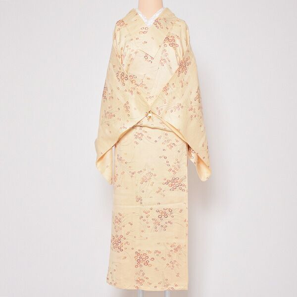 仕立て上がり 単衣着物 「クリーム色 水面地紋に菊」 小紋 正絹 <T 仕立て上がり 単衣着物 「クリーム色 水面地紋に菊」 小紋 正絹 <T