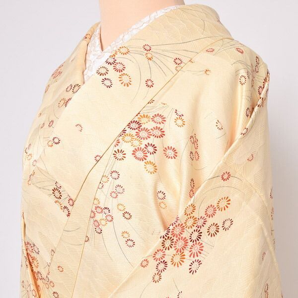 仕立て上がり 単衣着物 「クリーム色 水面地紋に菊」 小紋 正絹 ＜T