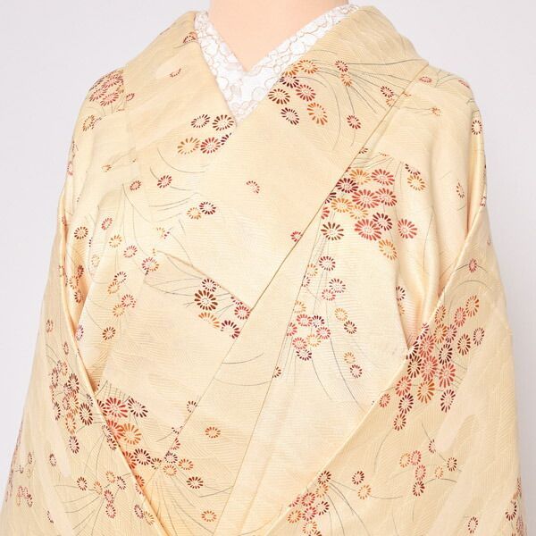 仕立て上がり 単衣着物 「クリーム色 水面地紋に菊」 小紋 正絹 ＜T