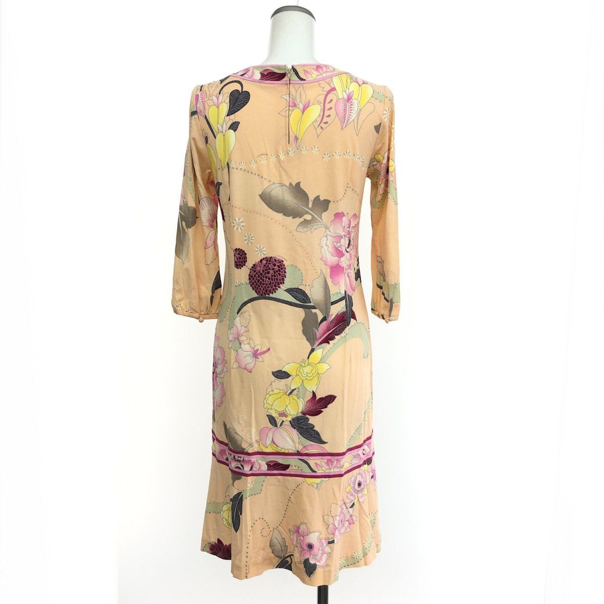 LEONARD レオナール 7分袖ワンピース サイズ:38 花柄 綿 ベージュ