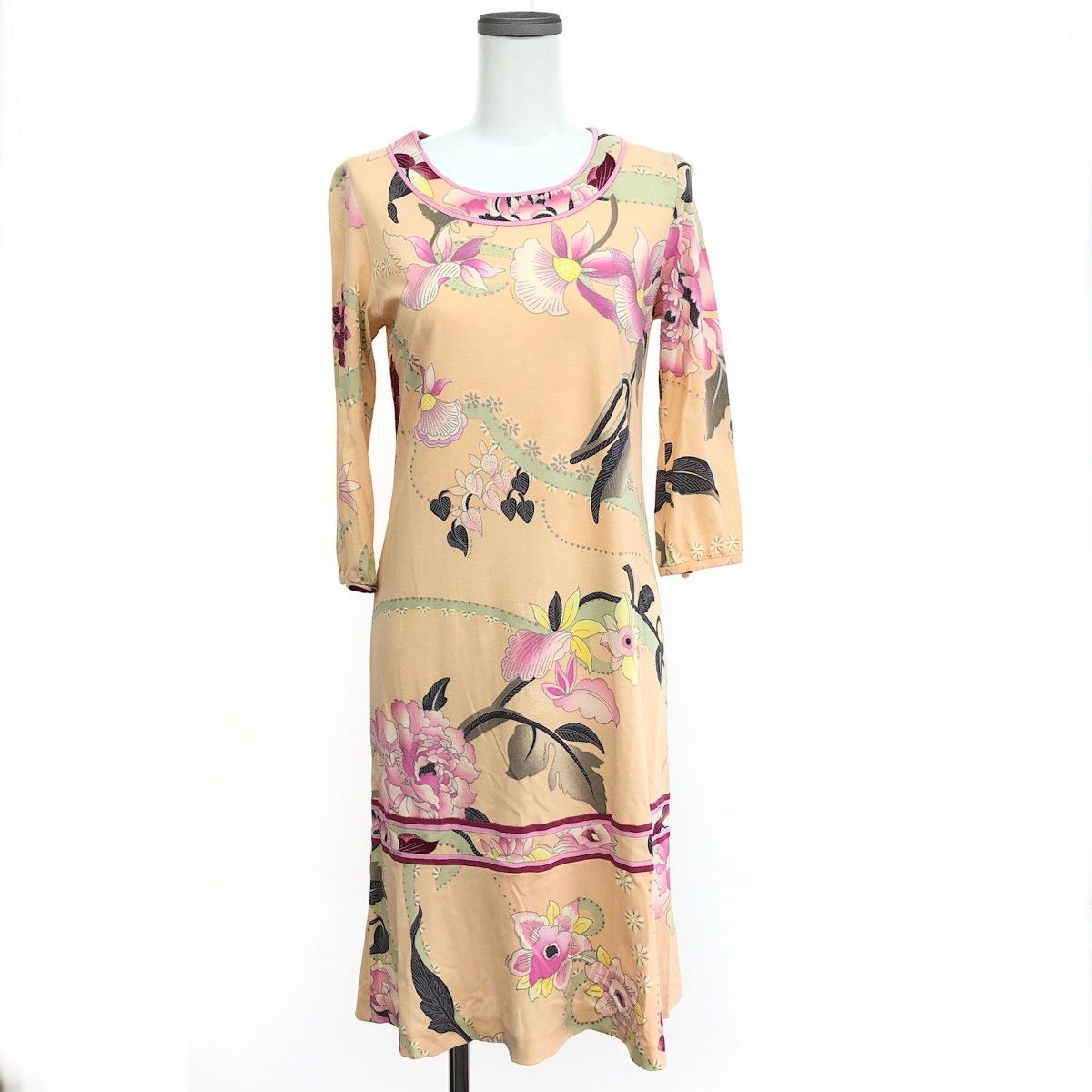 LEONARD レオナール 7分袖ワンピース サイズ:38 花柄 綿 ベージュ