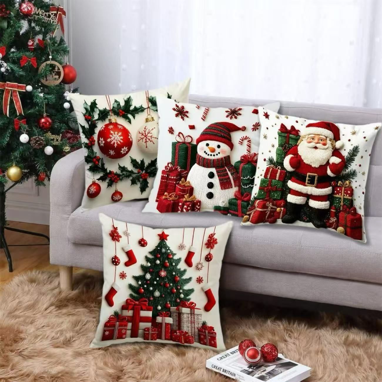 クリスマス立体刺繍サンタクロースプレゼント山デコレーションクッション