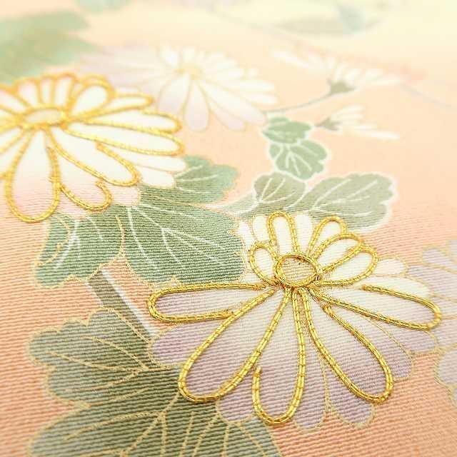 ✾まめ藤✾金駒刺繍 正絹 着物 サーモンピンクの空に溢れんばかりの桜や菊 松竹梅 訪問着 P 83