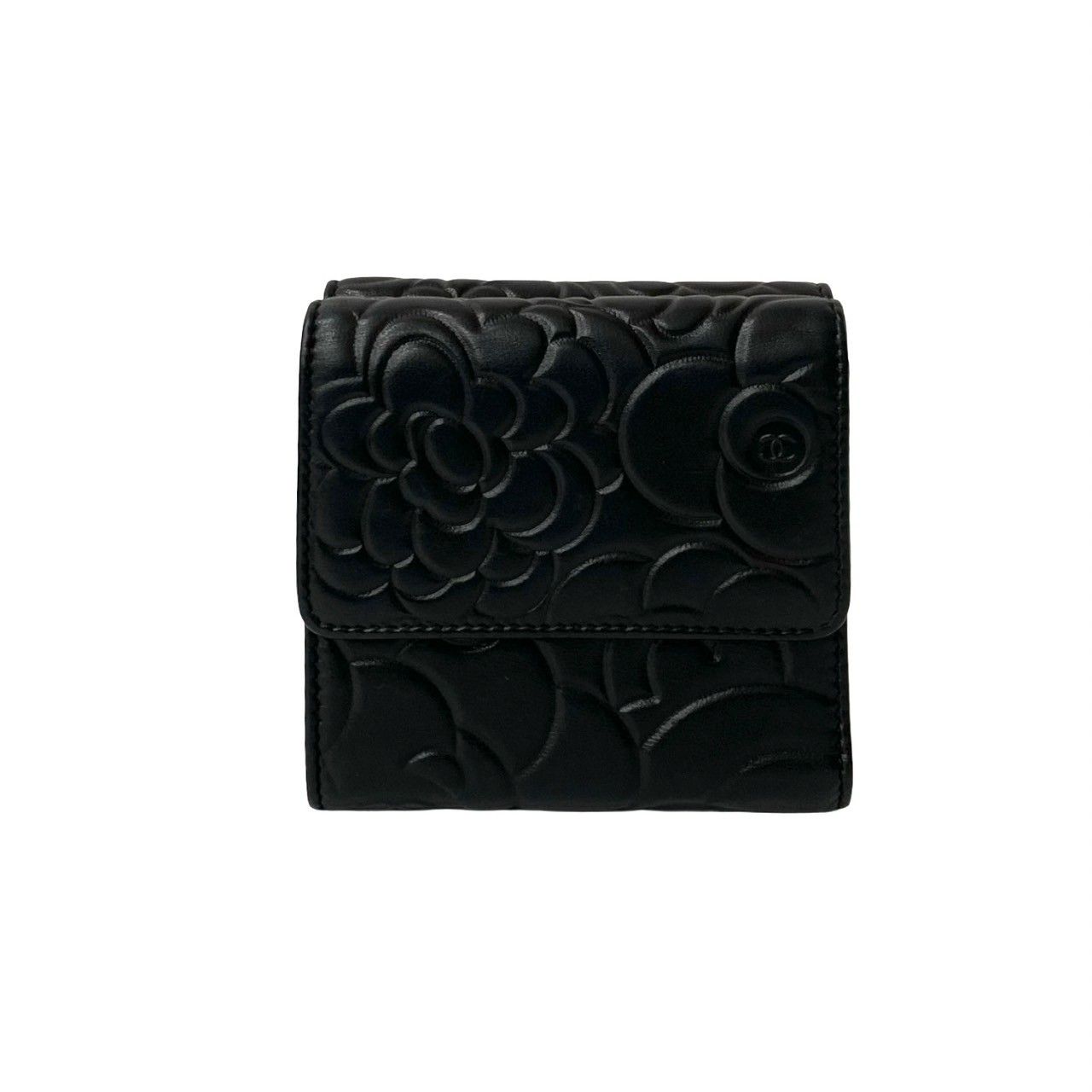 き カード シール有 12番台 CHANEL シャネル ココマーク カメリア ラムスキン レザー 本革 三つ折り財布 ウォレット 黒 18754