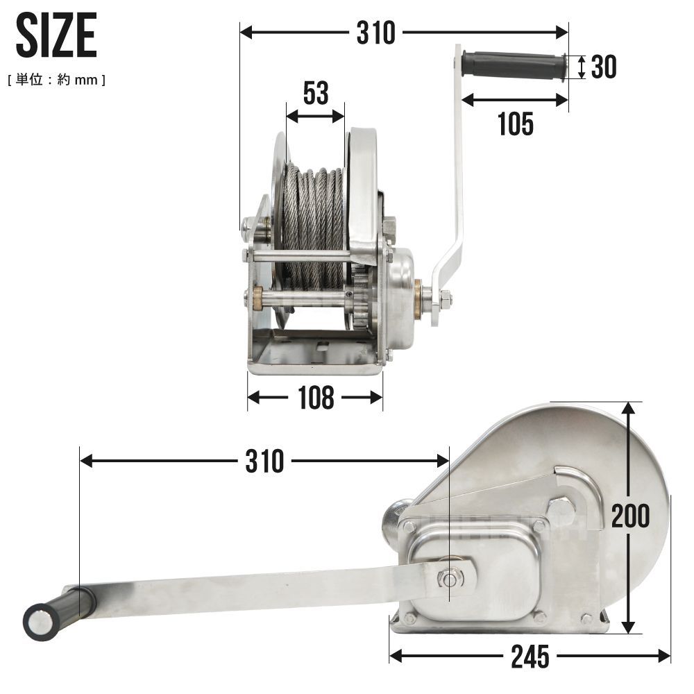 ハンドウインチ オートブレーキ付 オールステンレス 牽引能力 820 kg ワイヤー 15ｍ SUS 304 1800 LBS 手動ウインチ 回転式ミニウインチ KIKAIYA 角度計 ワットチェッカー
