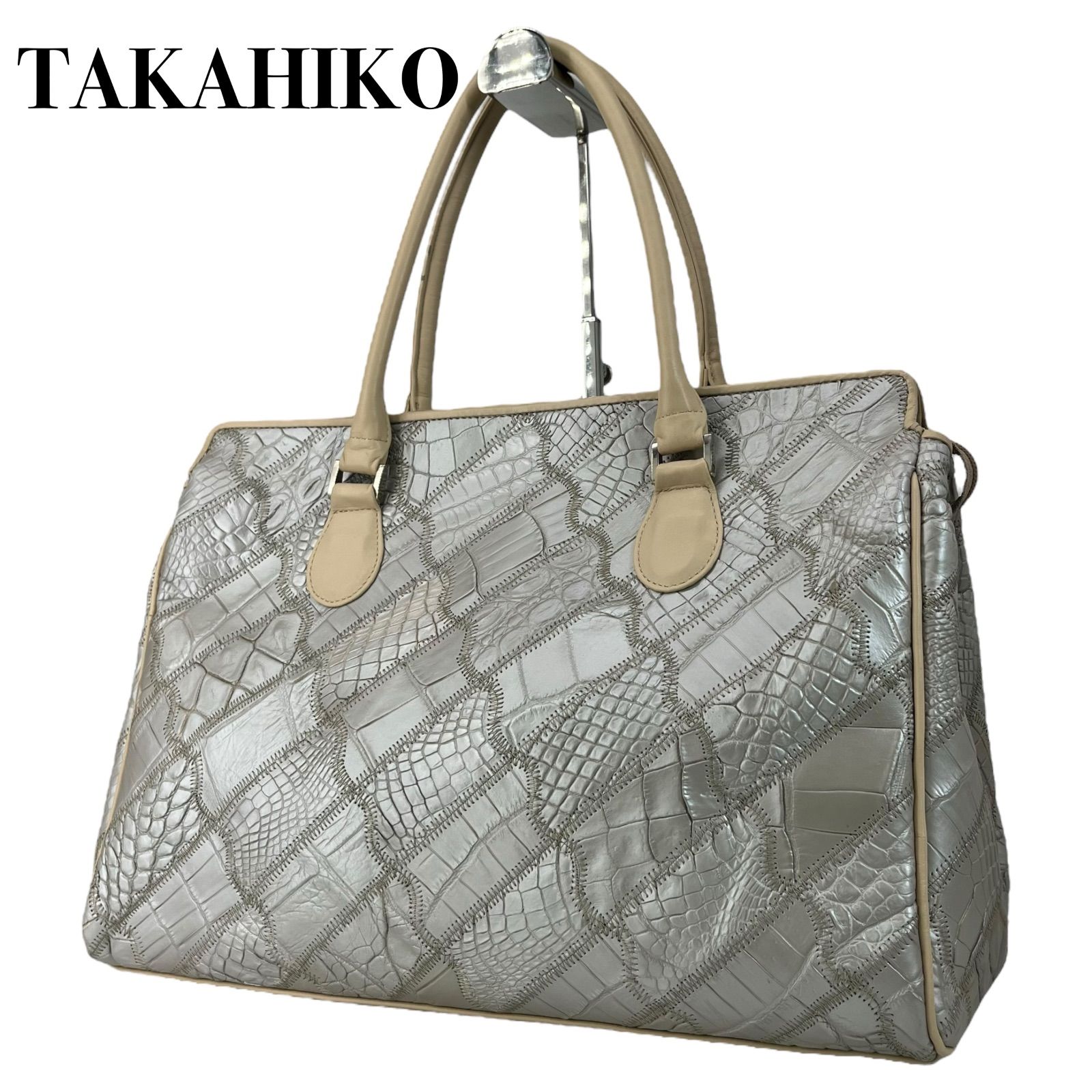 タカヒコ トートバッグ レディース 本革 ワニ革 クロコダイル シルバー 肩掛け 大容量 5187