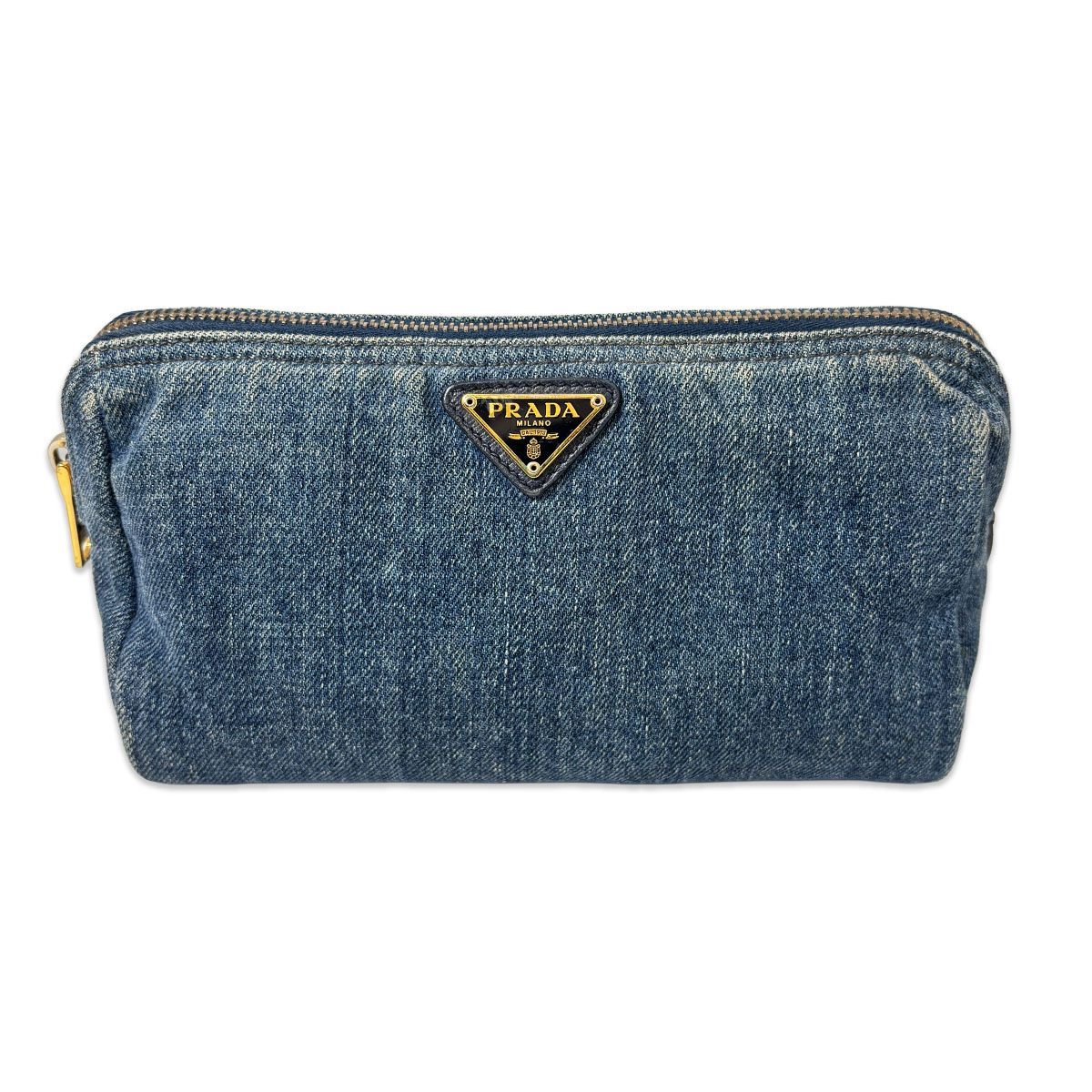 PRADA デニム ポーチ 化粧ポーチ コスメポーチ DENIM 小物入れ マルチポーチ トラベルポーチ デニムブルー インディゴブルー ゴールド金具