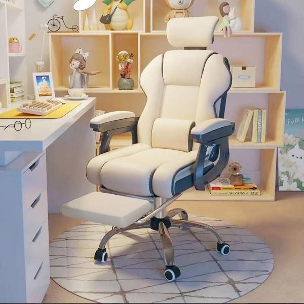 ベージュ人体工学快適パソコンチェア フットレスト付き美観腰保護疲労緩和在宅勤務レクリエーションチェア