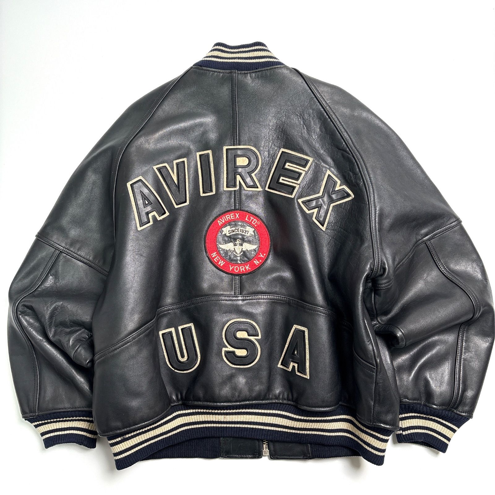 牛革】AVIREX レザージャケット 黒 L スタジャン 本革 アーチロゴ
