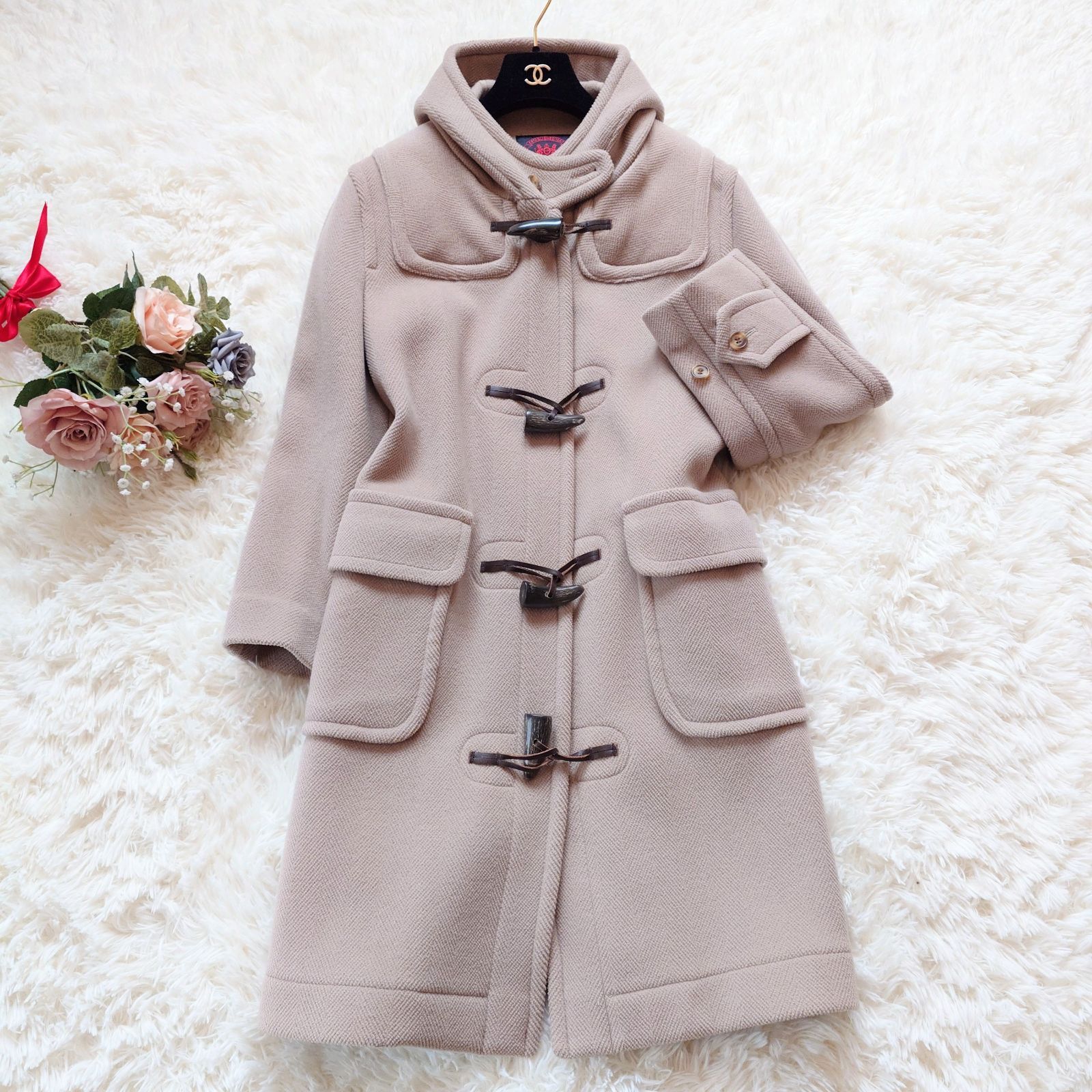 オールドイングランド ヘリンボーン フーデッド ダッフルコート ロングコート ウール 牛革