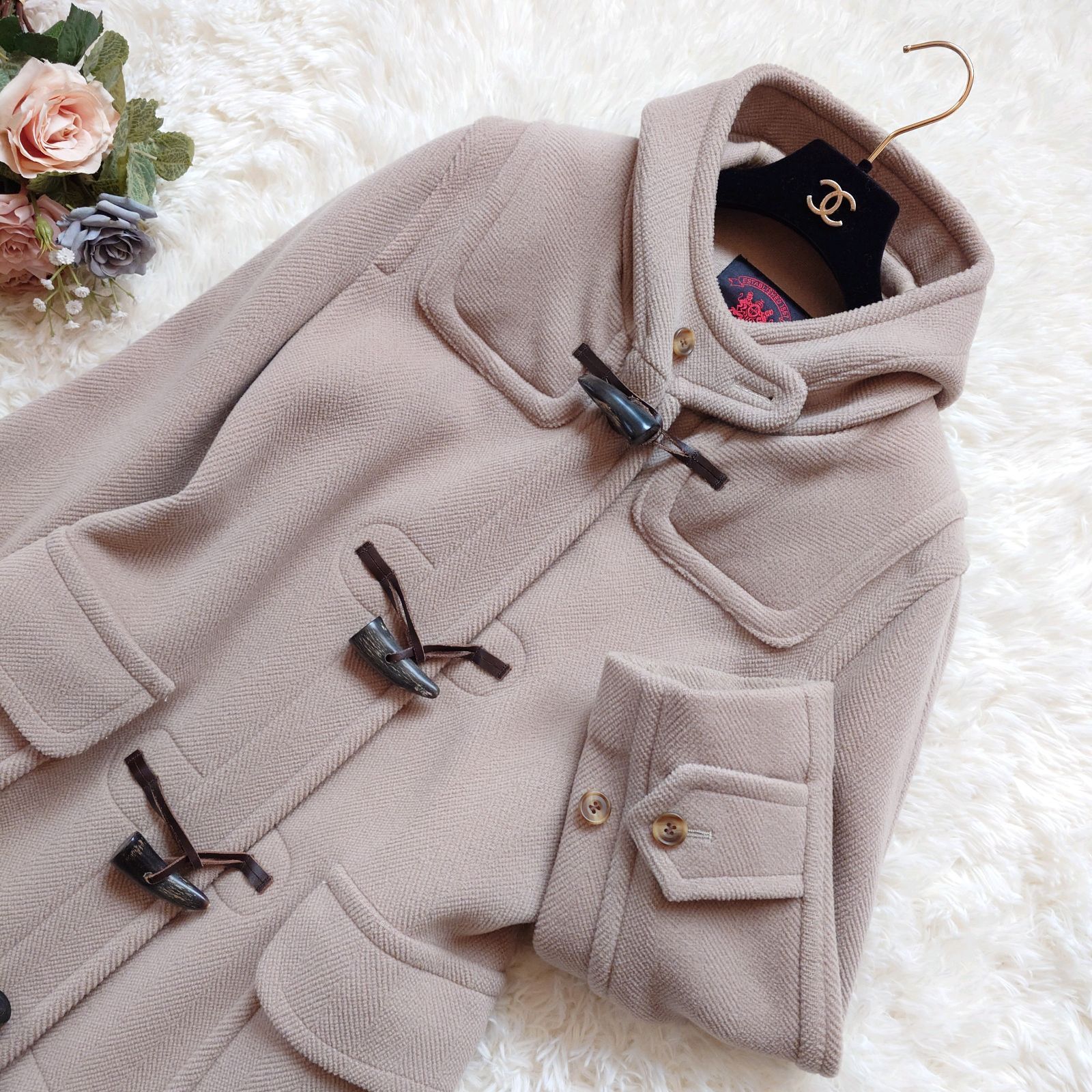 オールドイングランド ヘリンボーン フーデッド ダッフルコート ロングコート ウール 牛革