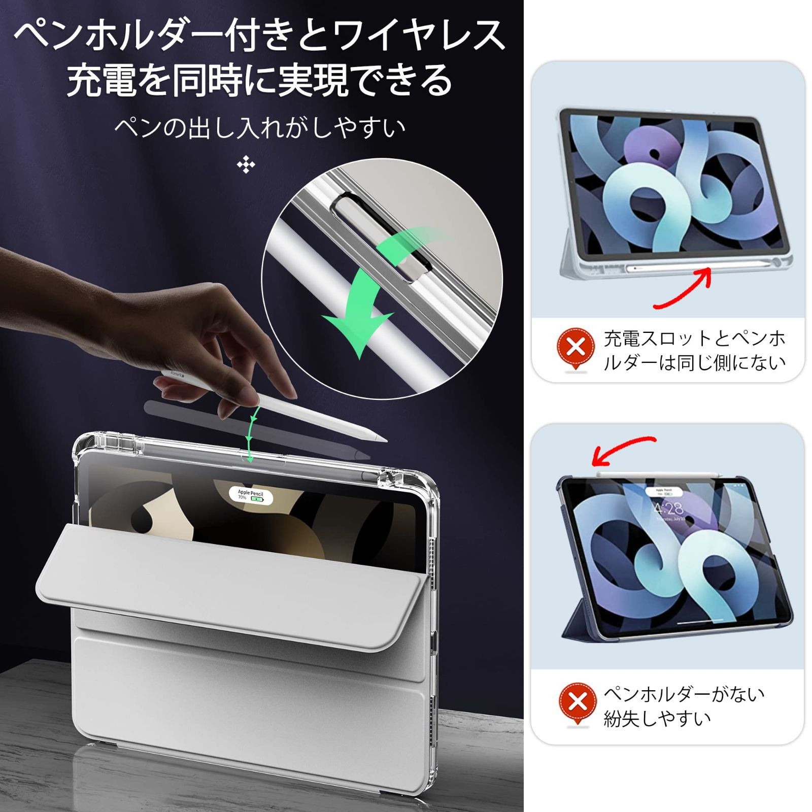 iPad Air 11インチ ケース M 2 2025 第6世代 第5世代 第4世代 2020 用 10.9インチ カバー ペンホルダー付き 軽量 薄型 裏全透明カバー 耐衝撃 三 タブレット特価 その他 