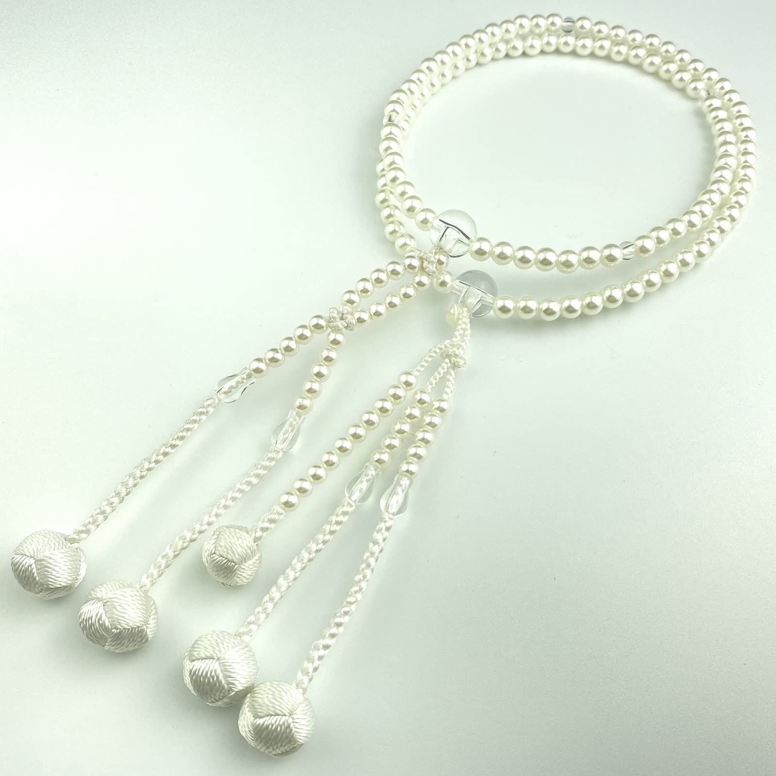 商品 妙蓮花 創価学会用数珠 念珠 SGI数珠 女性男性通用 Mサイズ ＰＣパール アクリル製水晶仕立 白色手毬房