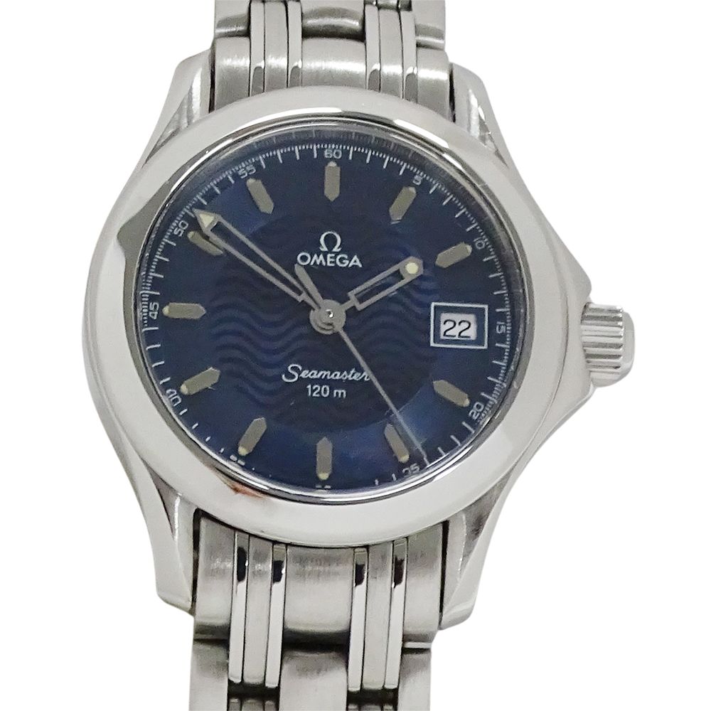 オメガ OMEGA シーマスター 2581 81 時計 レディース ブランド 120 m デイト クオーツ QZ ステンレス SS シルバー ネイビー 磨き済み