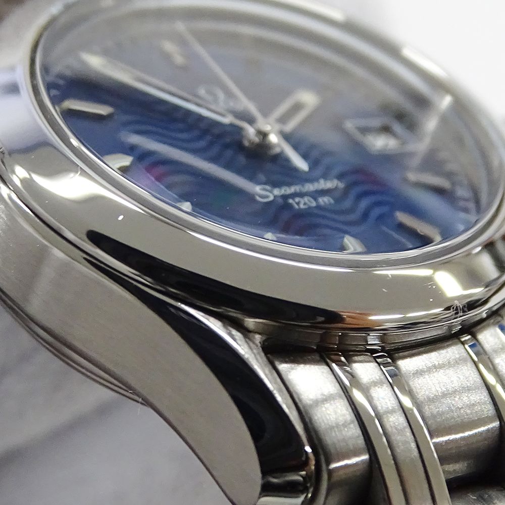  オメガ OMEGA シーマスター 2581 81 時計 レディース ブランド 120 m デイト クオーツ QZ ステンレス SS シルバー ネイビー 磨き済み 腕時計(クォーツ) 腕時計(アナログ)