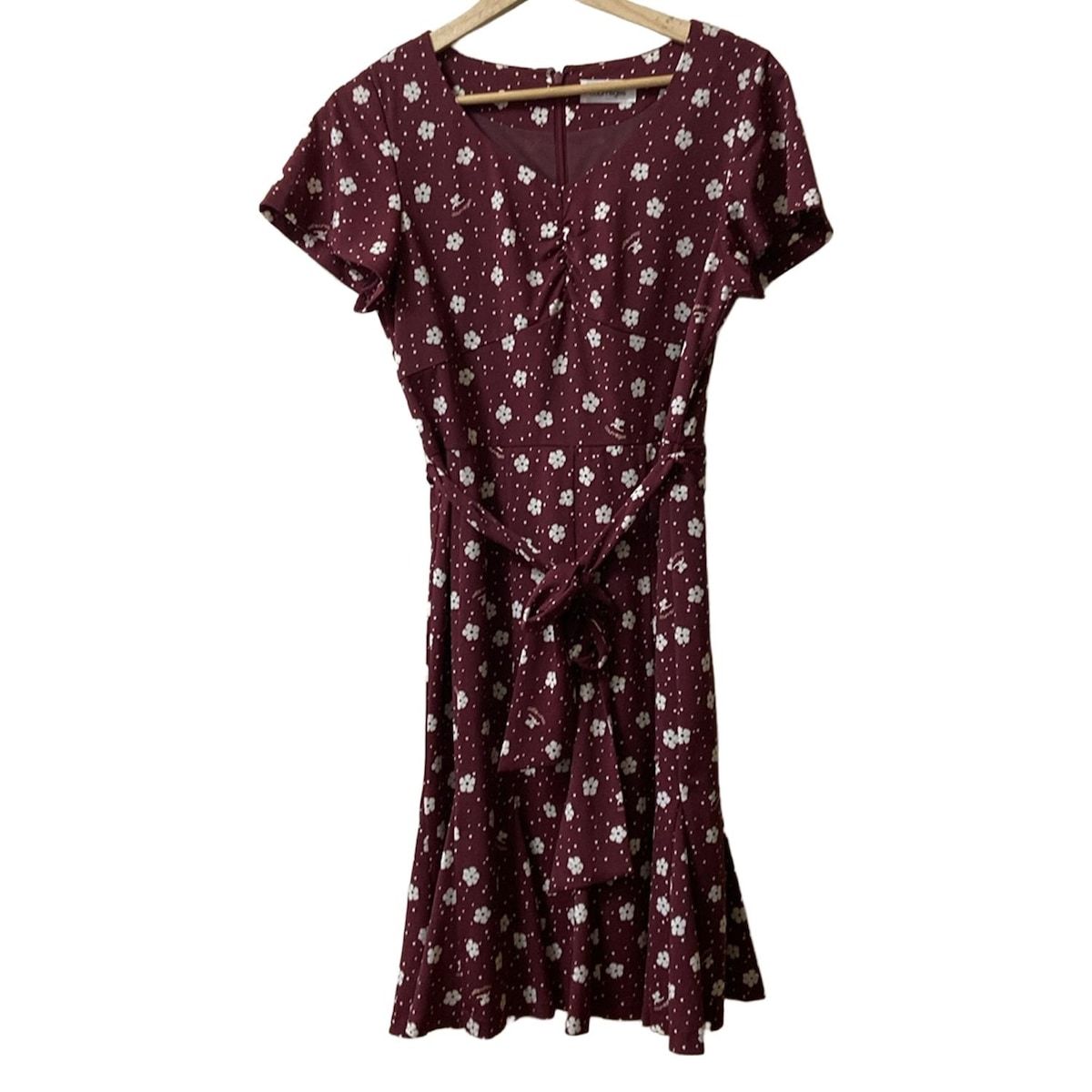 クレージュ ワンピース サイズ40 M レディース ボルドー 白 半袖 ひざ丈 花柄 ベルト付き