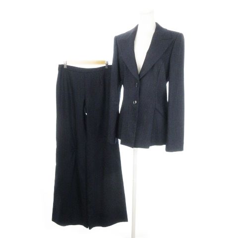 ジョルジオアルマーニ GIORGIO ARMANI シングルスーツ セットアップ 2点セット ピークドラペルジャケット 総裏地 ワイドパンツ ストライプ ハンガー付き 大きいサイズ 42 XL 紺 ネイビー MN 7 GY 18