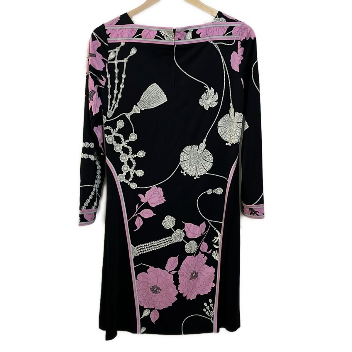 LEONARD レオナール ワンピース サイズ38 M レディース 黒 ピンク マルチ 長袖 ひざ丈 カンカン素材 花柄 ジュエリー柄