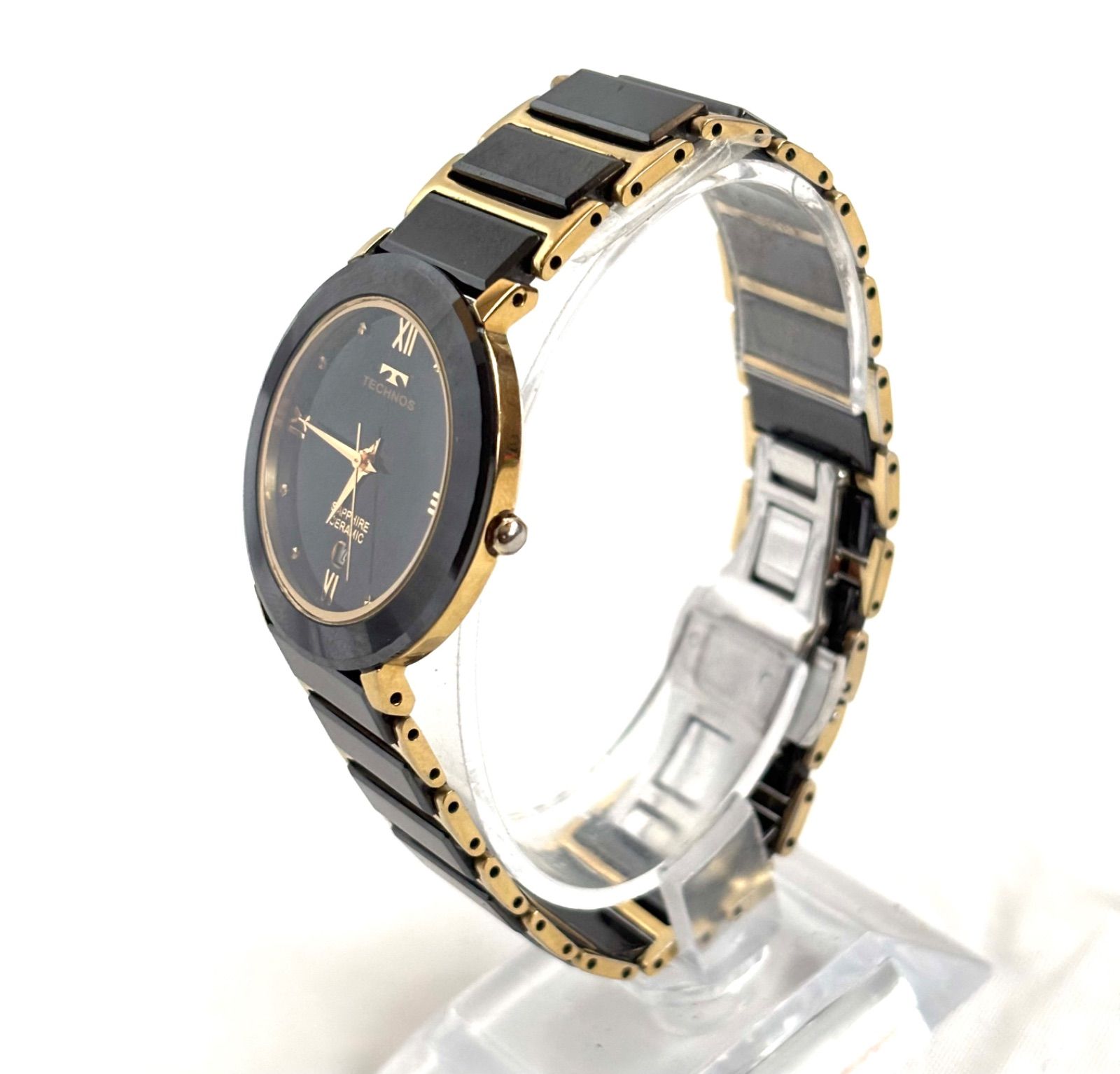 美品 TECHNOS T9120 テクノス セラミック デイト QZ 黒文字盤 メンズ 