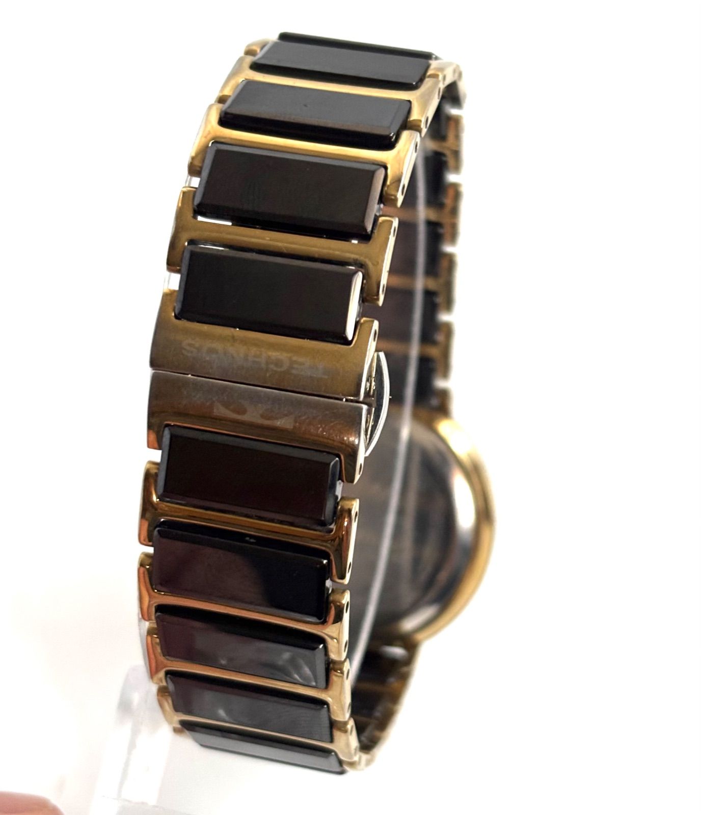 美品 TECHNOS T9120 テクノス セラミック デイト QZ 黒文字盤 メンズ 