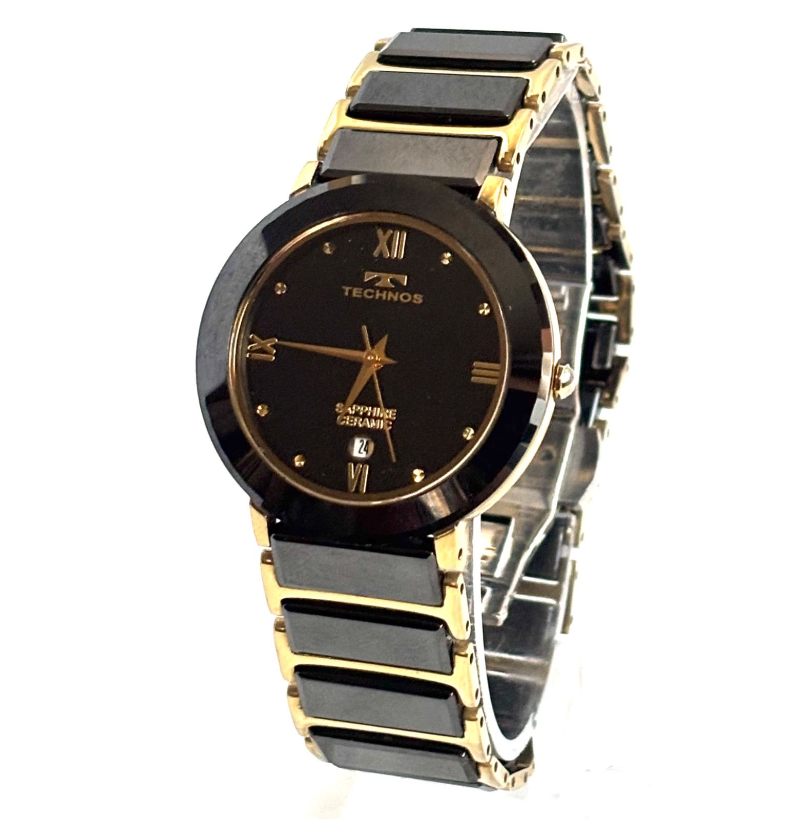 美品 TECHNOS T9120 テクノス セラミック デイト QZ 黒文字盤 メンズ 