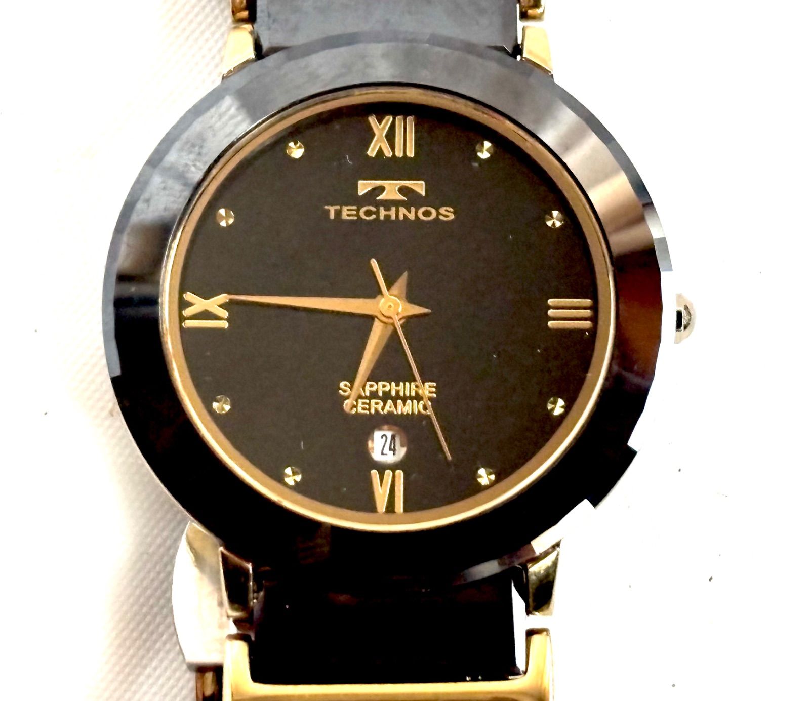 美品 TECHNOS T9120 テクノス セラミック デイト QZ 黒文字盤 メンズ 