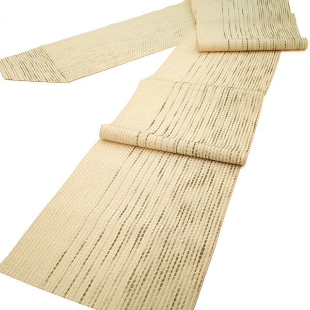 名古屋帯 米沢 正絹 リサイクル 八寸 米澤 変わり織 薄ベージュ色地 縞 カジュアル 松葉仕立て やまと 扱い 春 秋 冬 なごや帯 仕立て上がり みやがわ sb 54795